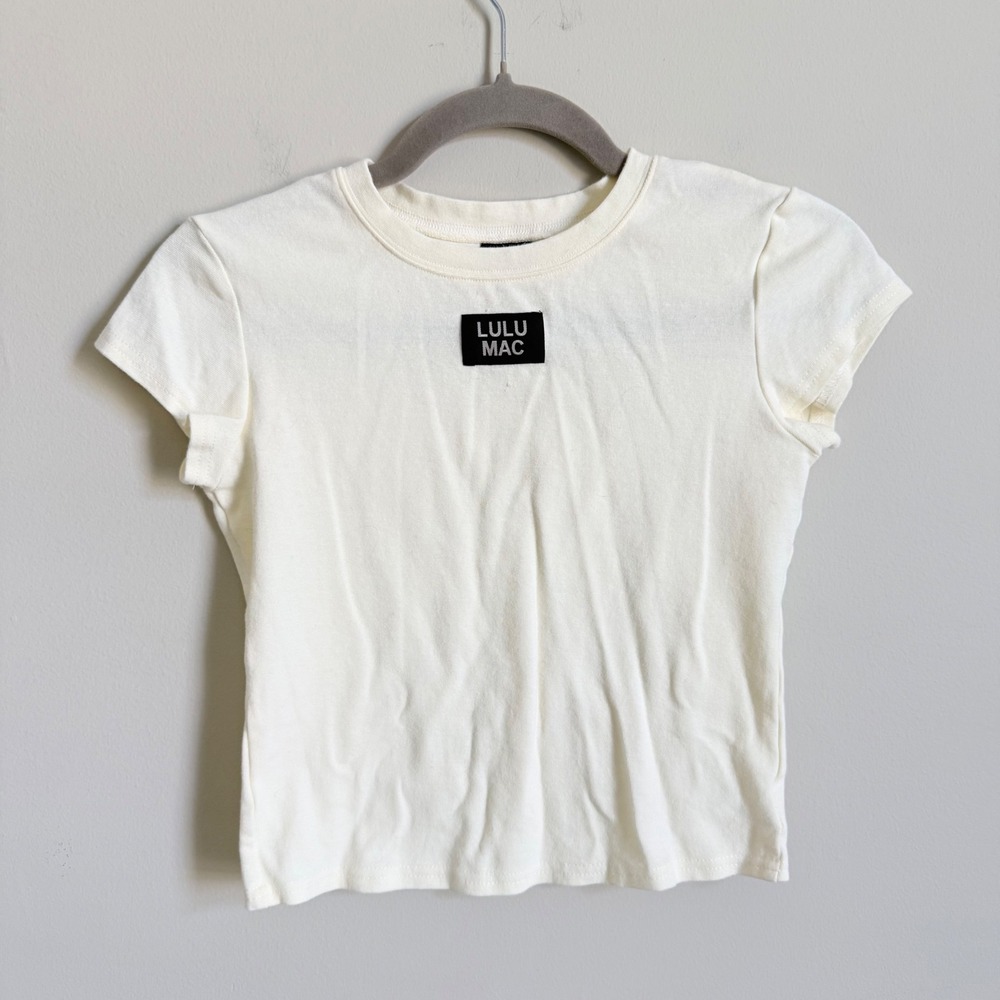Lulu Mac Womens Cream Logo Patch Baby Tee Short Sleeve Crew Neck Top XS